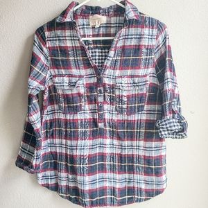 Skies Are Blue Cotton Half Button Down Plaid Shirt